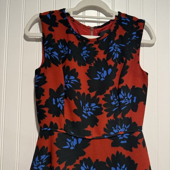 J Crew Red Blue Crepe Floral Knee Length Dress Size 2 - Picture 3 of 7